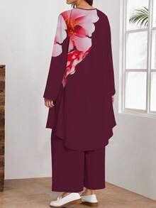 SHEIN Lacomfia Conjunto de 2 piezas de top de cuello redondo y pantalones de ajuste holgado con estampado digital de acuarela floral para mujer