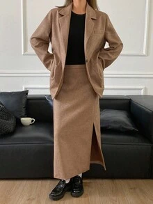DAZY Women's Solid Color Loose Long Sleeve Lapel Pocket Blazer Jacket & A-Line Split Hem Skirt Casual Elegant Suit Set, Autumn/Winter Business Attire - Brown - View 6