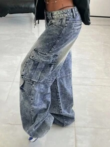 StreetHx Women's Casual Washed Wide Leg Cargo Jeans - Blue - View 2