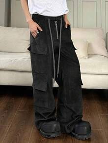 Claim Dot Manfinity Streetrush Men's Black Corduroy Pants,Loose Fit Cargo Straight Leg Trousers,Autumn Streetwear Work Warm Winter Christmas Fashion - Black - View 1
