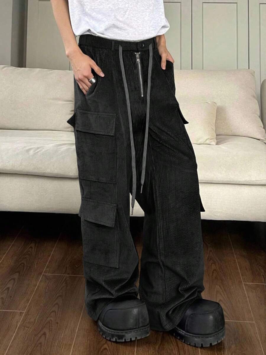 Claim Dot Manfinity Streetrush Men's Black Corduroy Pants,Loose Fit Cargo Straight Leg Trousers,Autumn Streetwear Work Warm Winter Christmas Fashion - Black - View 1
