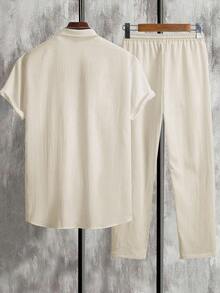 Manfinity Homme 2pcs Men's Simple Solid Color Textured Shirt And Pants Casual Set, Summer, Formal - Apricot - View 2