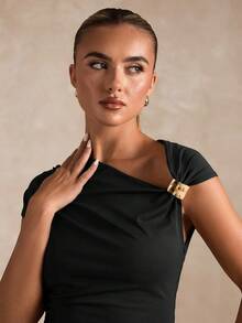 SHEIN BAE 女士纯色荷叶边不对称领口T恤 - 黑色 - 查看 4