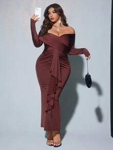 Viva Relle Valentine Plus Size Women's Solid Color Off Shoulder Long Sleeve Ruffle Hem Fitted Pleated Elegant Dress - Chocolate Brown - View 2