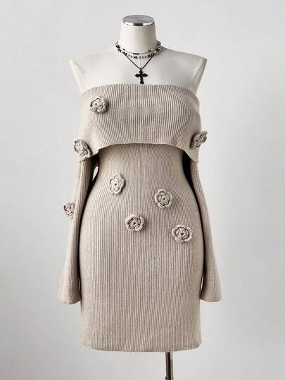 Sunspun 大码性感单肩领合身钩针花卉毛衣连衣裙