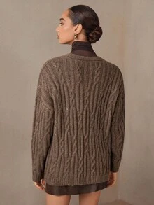 Modelyn 女士宽松V领串珠马海毛开衫，百搭 - 咖啡棕 - 查看 2