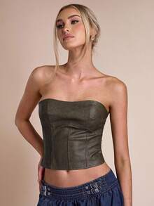 SHEIN BAE Áo crop top cổ điển, thời trang và gợi cảm, mùa hè - màu nâu - Xem 3