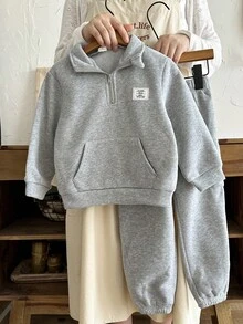 SHEIN 2pcs/Set Young Boys Casual Comfortable Stand Collar Half-Zip Pocket Decor Contrast Color Pullover Hoodie And Loose Fit Thermal Lined Cargo Pants Set, Suitable For Winter Fall - Grey - View 5