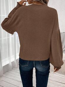 SHEIN LUNE Casual Versatile Lantern Sleeve Green Ribbed Women T-Shirt