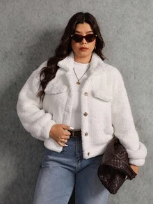 Elaquor Chaqueta de forro polar casual de un solo pecho de unicolor para mujer de talla grande, otoño/invierno