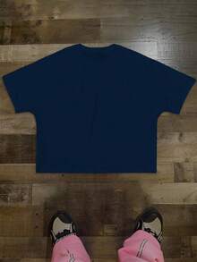 Manfinity Roghcode 男士截短圆领短袖T恤超大卡通头像图案ins街头宽松上衣 - 寶藍色 - 查看 2