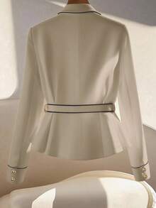 GlowEve Áo khoác blazer thắt lưng viền tương phản thanh lịch dành cho nữ, màu mơ đơn giản, phong cách đi làm chất lượng cao, áo khoác dài tay đa năng màu trơn - Màu Khaki - Xem 2