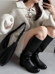 FRIFUL Women's Loose Fit Criss-Cross Bow Knot Cardigan Sweater, Sweet And Comfortable For Autumn