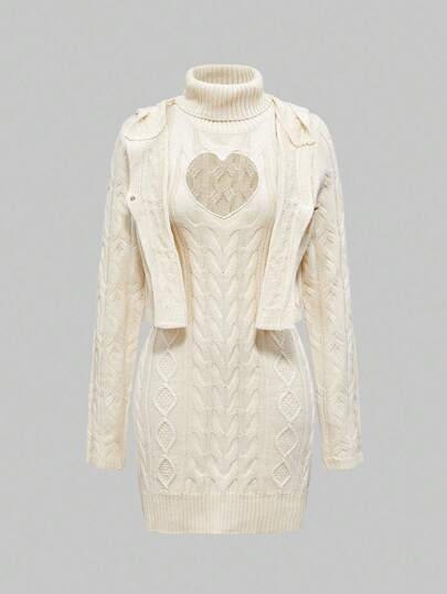 Y2K Women Sexy Hollow Heart Knitted Sweater Dress Set