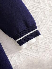 年轻女孩甜美可爱秋冬新款优雅珍珠花朵系腰针织连衣裙，适合度假穿着 - 藏蓝色 - 查看 6