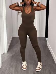 Slaydiva 女士无袖简约修身休闲性感运动连体裤 - 咖啡棕 - 查看 5
