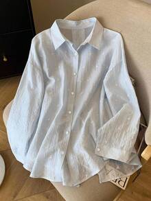 SHEIN Áo sơ mi dài tay hở lưng mỏng rộng rãi thời trang dành cho nữ, mùa xuân/hè - Màu xanh bụi bặm - Xem 2