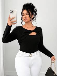 Elenzga Plus Size Women Asymmetrical Textured Fabric T-Shirt - Black - View 5