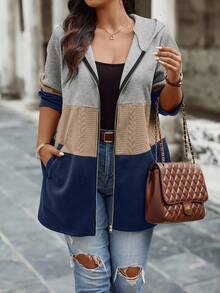 Calvaya Plus Size Women's Autumn Contrast Color Zipper Hooded Casual Jacket - Multicolor - View 3