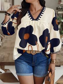 Weeklong Plus Size Women Floral Print V-Neck Lantern Sleeve Loose Blouse - Multicolor - View 3