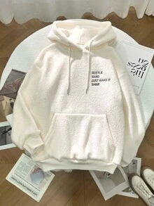 Franclia Women's Retro Minimalist Loose Oversized Drop Shoulder Embroidered Letter Pouch Pocket Fleece Hoodie, Autumn/Winter - Beige - View 1
