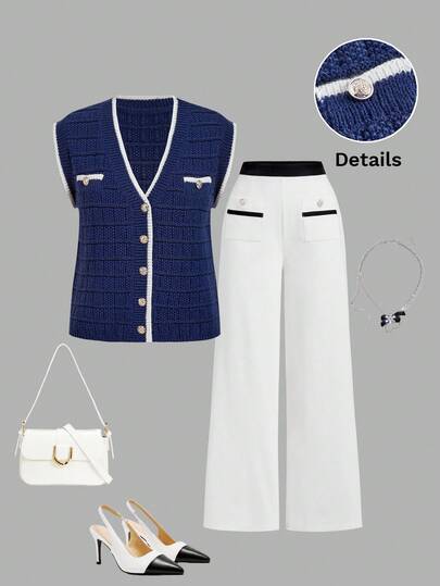 Skyraze Women's Contrast Trim V-Neck Casual Knit Cardigan,Casual Versatile Sleeveless Knit Sweater Vest Going Out Tops Women,Tops For School