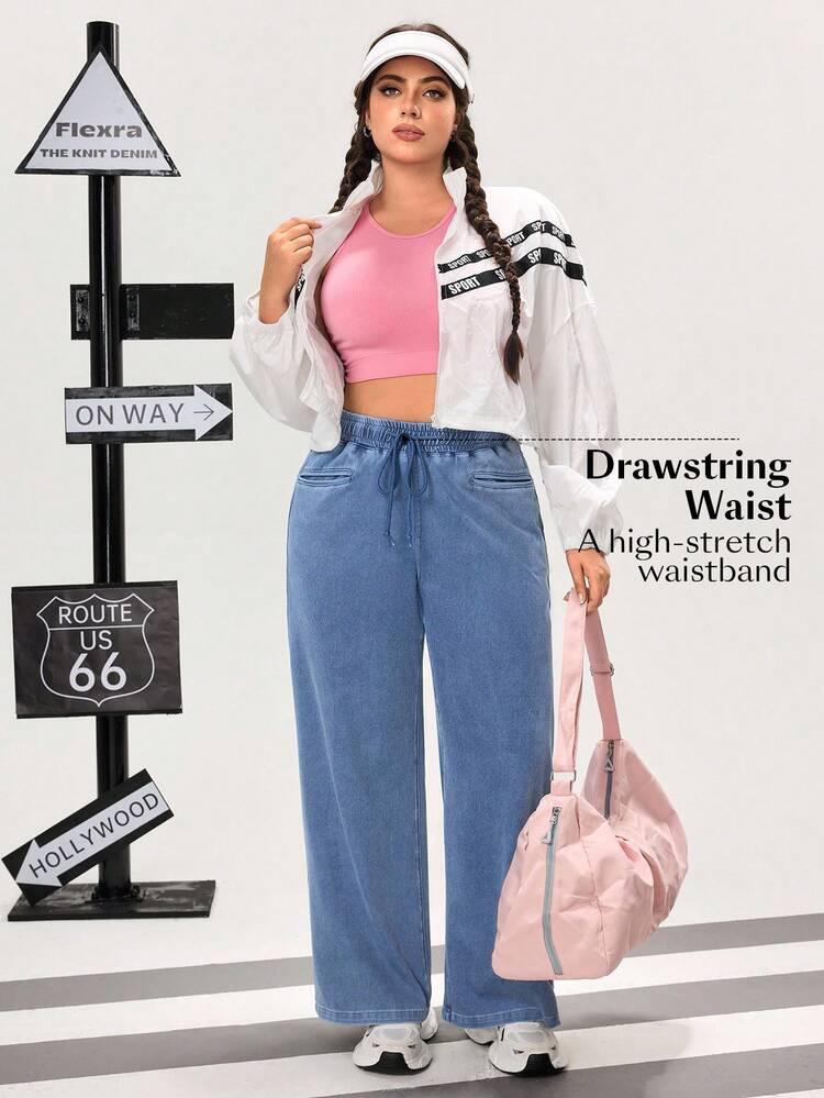 Flexra Oversized Sports Casual Straight Knit Jeans - Light Wash - View 5