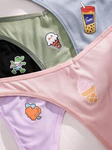 PetitDoll Paquete de 5 bragas tipo tanga con estampado de dibujos animados lindos de mujer, tejido jacquard - Multicolor - Ver 4