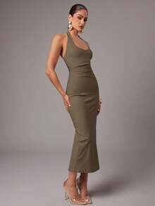 Silquee 女式纯白色露背吊带连衣裙，春夏 - 咖啡棕 - 查看 5