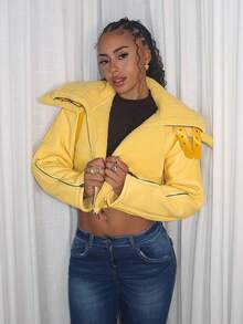 Y2K Amplova 女款黄色性感活力吸睛大翻领皮革和毛皮拉链长袖夹克，适合秋冬季上学和日常穿着 - 黃色 - 查看 13