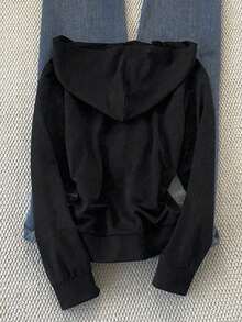 Glimmora 刺绣图案拉链连帽衫修身运动衫夹克女款秋冬款 - 黑色 - 查看 2