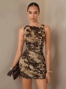 Modelyn Women's Leopard Print Sleeveless Bodycon Mini Dress, Street Style - Brown - View 4