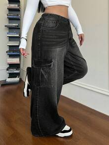Dripcurv Plus Size Casual Loose Straight Leg Jeans, Blue Jeans Wide Leg Cargo Jeans For Women