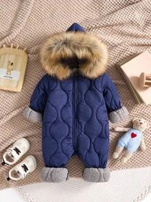 SHEIN 男婴/女婴厚保暖内衬纹理面料连帽拉链连体衣，适合雪地玩耍、室内外、秋冬季 - 藏蓝色 - 查看 2