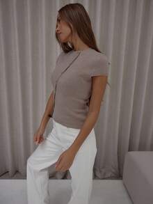 MUSERA Asymmetrical Button Down Knit Short Sleeve Top Classy Cute Sexy Streetwear Night Out Winter Party Evening Party Elegant Spring Sweater Summer - Apricot - View 4