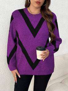 Elenzga Plus Size Women Casual Fashionable Slimming Round Neck Long Sleeve Jacquard Knit Pullover Sweater, Autumn/Winter - Purple - View 6