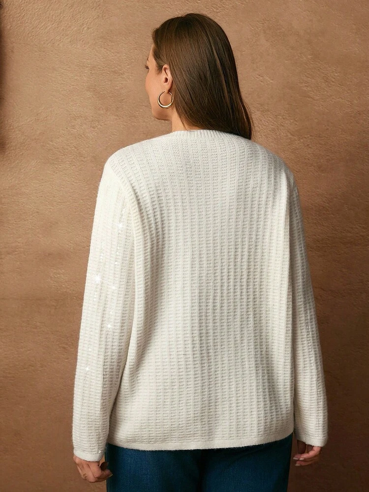 Plus Size Women White Autumn Knit Pullover Sweater,Button Minimalist Solid Color Knitted Sweater,Smart Casual Everyday Commute Curve Street Wear