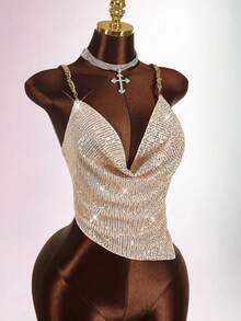 Amplova Top plus size feminino com alças finas e lantejoulas, moda verão