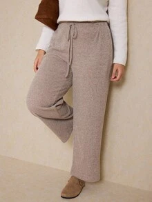 Elaquor Calças femininas casuais plus size com bolso e cordão, outono/inverno - Caqui - Ver 6