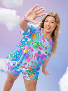 Slumberry CURVE SweetSlumber X Carebears Plus Size Women Cartoon Pattern Round Neck Short Sleeve Top And Shorts PJS Cute PJS Kawaii Pajamas Care Bear Pajamas PJS Summer Cartoon Pajamas - Multicolor - View 5