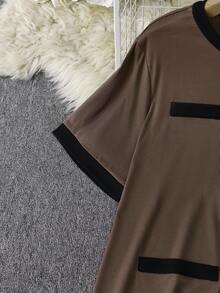 SHEIN Lacomfia 2 pièces/Set Top à manches courtes et pantalon de couleur contrastée élégants et décontractés, ensemble tricoté pour femmes de grande taille - Multicolore - Voir 4