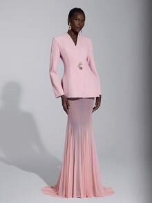Elitara 优雅、浪漫、性感、简约、浅粉色、西装外套廓形、鱼尾下摆、拖尾、时尚、网红、节日、度假、生日派对、婚礼活动、正式晚礼服 - 藕粉色 - 查看 5