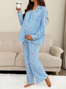 SHEIN 2pcs Maternity Striped Drop Shoulder Long Sleeve Loose Button Front Shirt And Pants Set,Maternity Pjs  ,Pajama Dress ,Loungewear,Nightgown,Sleepwear Set - Blue - View 4