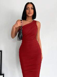 EURMUSE Elegant Commuter Solid Color Ruched Fitted Dress - Red - View 5