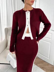 EURMUSE 2pcs Women Cardigan And Maxi Dress Sweater Set, With Rhinestone Buttons And Side Rhinestone Details,Co Ord,Winter Clothes - Burgundy - View 6