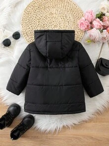 SHEIN 女婴可爱休闲保暖内衬黑色连帽棉衣，百搭保暖，适合秋冬 - 黑色 - 查看 2