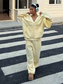 Muchica 秋季大码奶油黄色休闲宽松运动衫套装 - 鵝黃色 - 查看 4