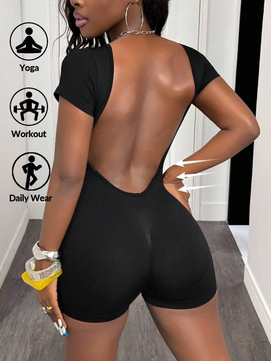 Slaydiva 无缝高弹力运动连体衣，瑜伽运动连体衣 - 黑色 - 查看 1