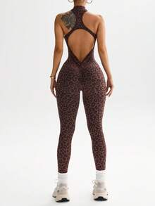 Dewbera 1pc Women's Seamless Sexy Front Zipper Stand Collar Racerback Sleeveless Deep V-Back Yoga Gymnastics Dance Exercise Jumpsuit Leopard Print Workout Jumpsuit Seamless Yoga Jumpsuit Gym Jumpsuit Activewear Jumpsuit Brown Leopard Workout Set Backless Workout Jumpsuit Leopard Print Gym Clothes
