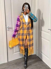 BamGleam 女士休闲长款格子流苏羊毛翻领大衣，秋冬 - 彩色 - 查看 7